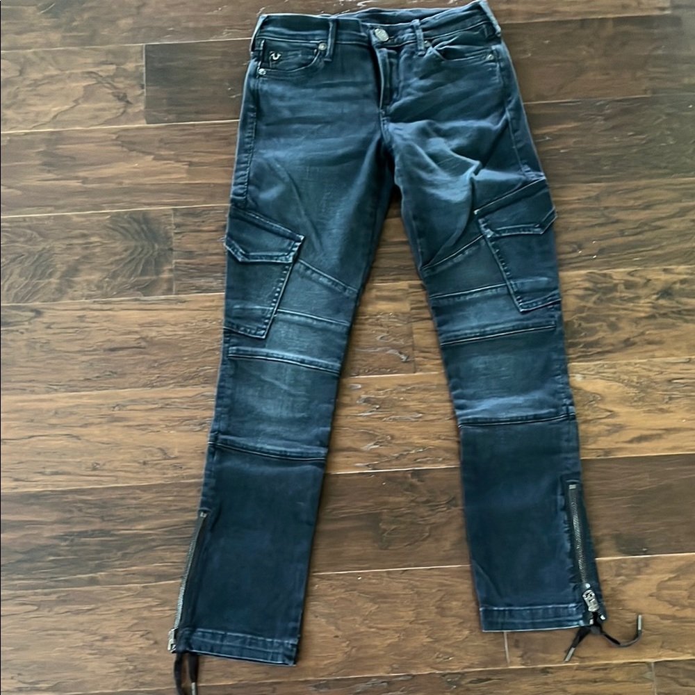 True Religion Dark Denim Cargo Jeans with Zipper Details
